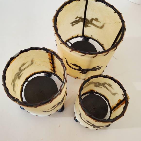 Raw Cowhide Set Of 3 Lizard Candle Holders Brown Metal Frames Southwestern Boho - Picture 9 of 12
